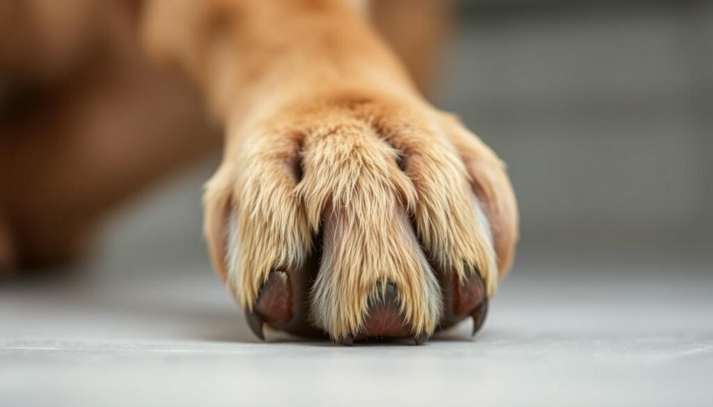 A close-up view of dog paw pads, showcasing the intricate pattern of grooves, ridges, and textured skin. The paw is positioned prominently in the center of the frame, with a soft, diffused lighting that highlights the natural contours and details. The background is blurred, creating a clean, minimalist composition that draws the viewer's attention to the unique and tactile features of the paw pad. The image conveys a sense of simplicity and elegance, suitable for illustrating the "Common Indoor Paw Problems and Solutions" section of the article on "Paw & Nail Care in Indoor Environments."
