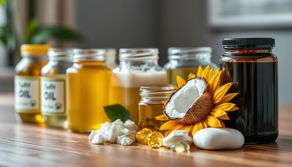 A close-up view of various types of pet-safe dietary fats, such as fish oil, coconut oil, and sunflower oil, arranged neatly on a wooden surface. The fats are presented in clear glass jars or bottles, allowing their distinct colors and textures to be clearly visible. The lighting is soft and natural, creating a warm, inviting atmosphere. The background is slightly blurred, keeping the focus on the foreground elements. The overall composition and styling convey a sense of health, wellness, and responsible pet care.