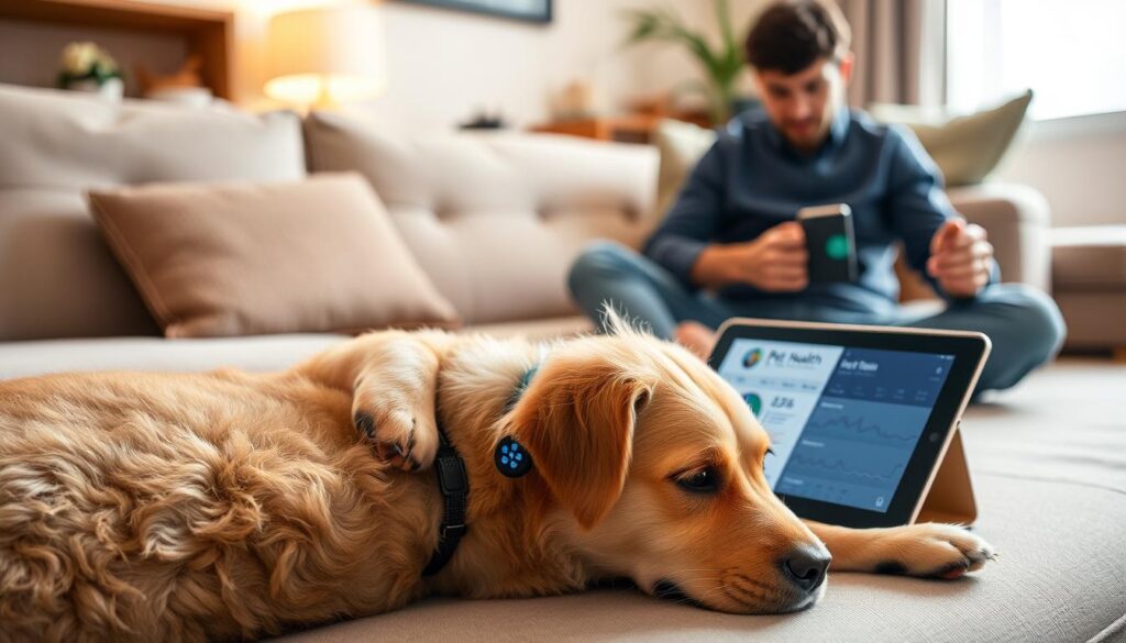 A cozy home scene with a pet owner sitting on the couch, carefully monitoring their furry friend's health using a variety of digital devices and health tracking tools. In the foreground, the pet lies comfortably, wearing a smart collar that displays real-time data about its vital signs, activity levels, and overall well-being. The middle ground features a tablet or smartphone displaying pet health apps and dashboards, allowing the owner to analyze trends and receive personalized insights. The background shows a warm, inviting living room, with soft lighting and subtle decor that creates a calming, nurturing atmosphere. The composition emphasizes the bond between the pet and its caring owner, as they work together to maintain the animal's optimal health and wellness.