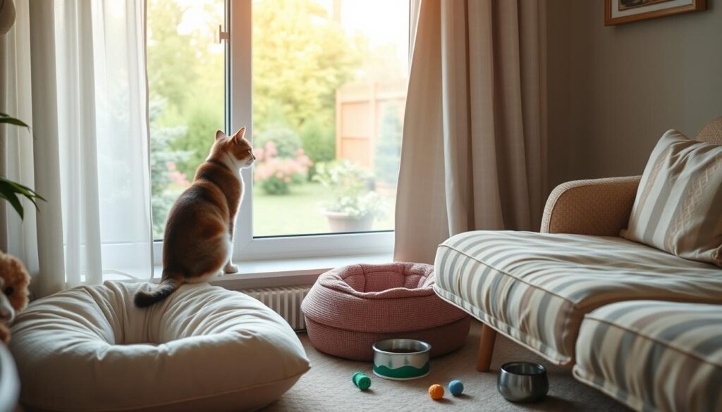 A cozy living room with a cat sitting on a windowsill, gazing out at a peaceful garden. Soft, diffused lighting filters through sheer curtains, creating a warm, calming atmosphere. The cat's daily routine is visible - a plush pet bed, food and water bowls, and favorite toys scattered around. The scene captures a sense of harmony and stability, reflecting the importance of maintaining consistent routines to help indoor pets feel secure and reduce stress.