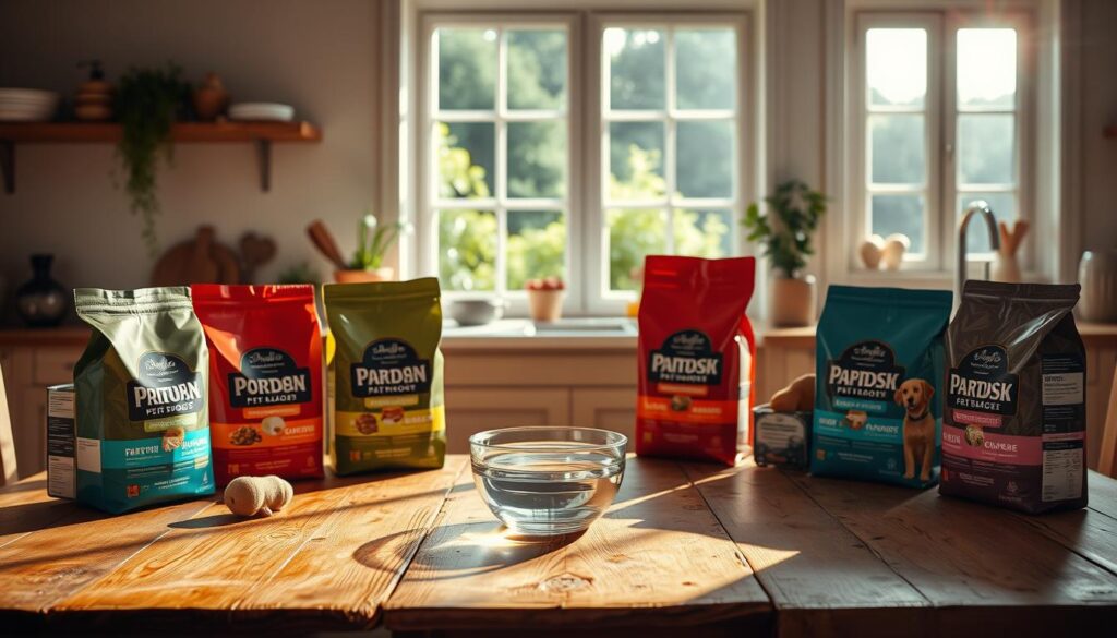 A meticulously designed pet food display in a warm, inviting kitchen setting. In the foreground, high-quality pet food packages in various flavors and life stages are artfully arranged on a rustic wooden table, casting soft shadows. In the middle ground, a bowl of fresh water and a pet toy create a cozy, lived-in atmosphere. The background features a bright, airy window overlooking a lush garden, creating a soothing, natural ambiance. The lighting is soft and diffused, highlighting the textures and colors of the scene. The overall composition conveys the importance of tailored nutrition for inactive pets, with a sense of care and attention to detail.