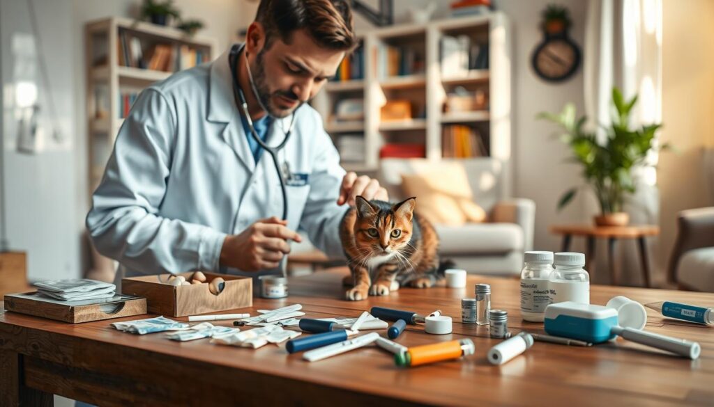 A meticulously detailed scene of a pet health check in a cozy home setting. In the foreground, a veterinarian in a white lab coat examines a curious cat, using a stethoscope and gently checking its vitals. The middle ground showcases a variety of pet care essentials - bandages, thermometers, and medications neatly arranged on a wooden table. In the background, a warm, softly lit room with bookshelves, a comfortable armchair, and a potted plant, creating a calming, domestic atmosphere. Subtle natural lighting filters in, casting gentle shadows and highlights that enhance the tranquil mood. The overall composition conveys a sense of care, expertise, and the importance of monitoring a pet's wellbeing at home.