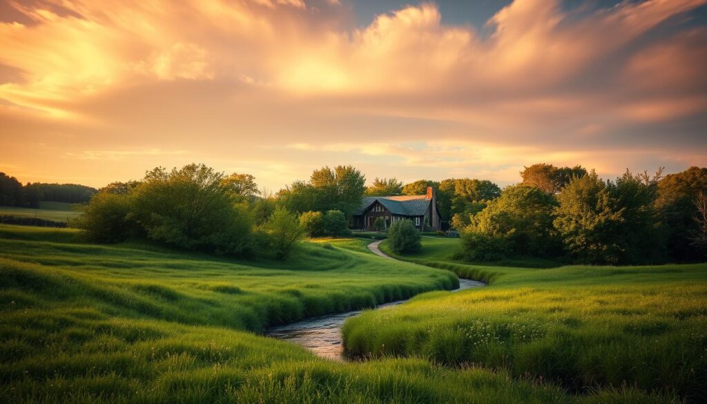 A serene landscape depicting the natural light spectrum throughout the day, showcasing its impact on indoor pet health. A lush, verdant meadow in the foreground, with a tranquil stream winding through it. In the middle ground, a cozy pet-friendly cottage surrounded by vibrant foliage. The sky above transitions from the warm hues of dawn, to the brilliant blue of midday, and finally the soft, golden tones of dusk, creating a calming, natural ambiance. The lighting is captured with a cinematic, high-resolution lens, highlighting the subtle nuances of the light's effects on the environment and its potential benefits for indoor pets.