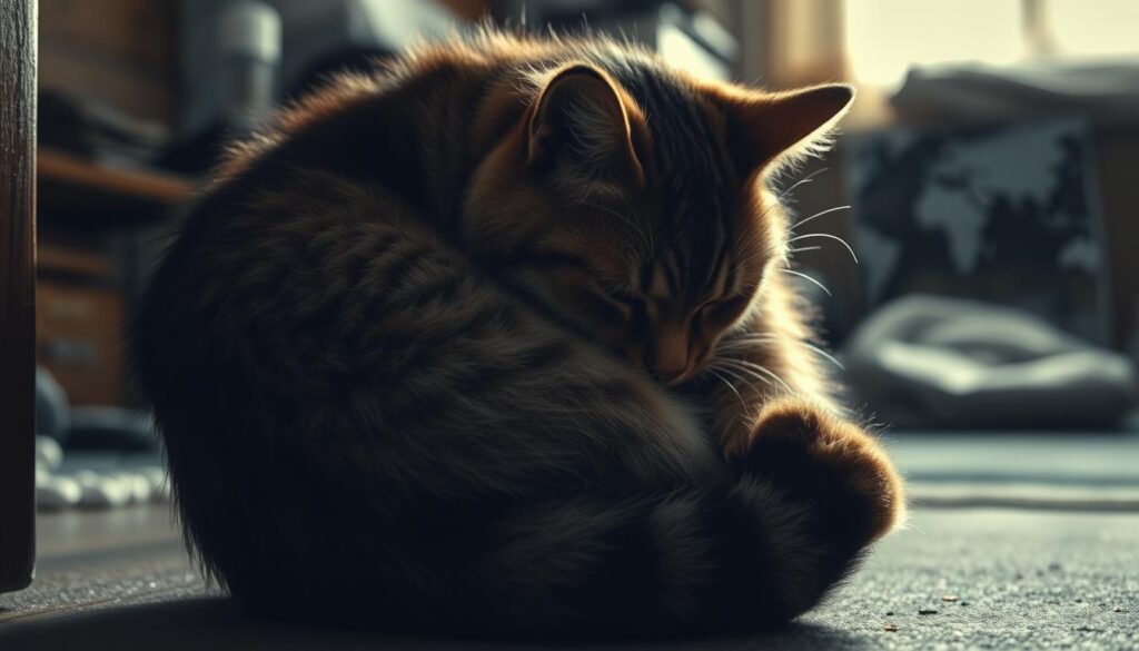 A stressed indoor cat curled up in a tight ball, its fur ruffled and eyes narrowed with tension. The cat's body is tense, its tail tucked close to its body, as it seeks refuge in a dimly lit corner of a cluttered room. The lighting is soft and moody, casting long shadows that emphasize the cat's sense of unease. The background is a blurred, slightly chaotic scene, hinting at the potential sources of the cat's distress. The overall mood is one of anxiety and discomfort, capturing the physical manifestations of stress in a domesticated pet.
