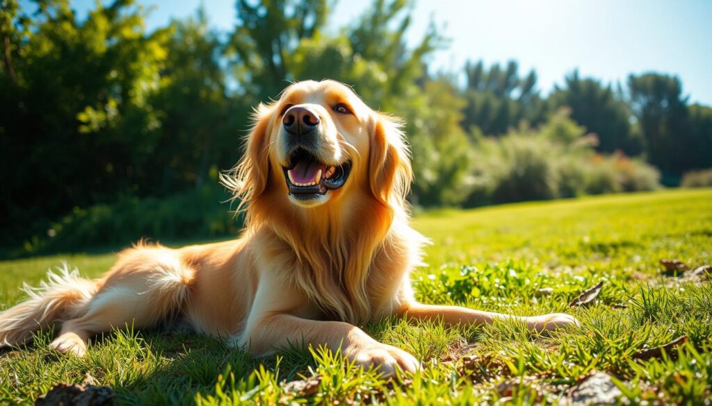 A sun-dappled outdoor scene, with a happy and energetic golden retriever dog basking in the warm sunlight. The dog is lounging on a grassy patch, its coat shimmering in the natural light. In the background, lush greenery and a clear blue sky create a serene and inviting atmosphere. The lighting is soft and diffused, casting a gentle glow on the dog's content expression. The camera angle is slightly elevated, capturing the dog's playful and carefree energy as it soaks up the benefits of the natural sunlight.