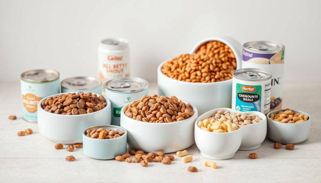 A well-lit, close-up image of a variety of pet food bowls, kibble, and cans, arranged on a clean, neutral background. The bowls are filled with different types of healthy, nutritious pet food, including high-quality dry kibble, wet cans, and specialized supplements. The lighting is soft and natural, highlighting the textures and colors of the pet food products. The overall composition is balanced and visually appealing, conveying a sense of care and attention to the nutritional needs of low-activity pets.