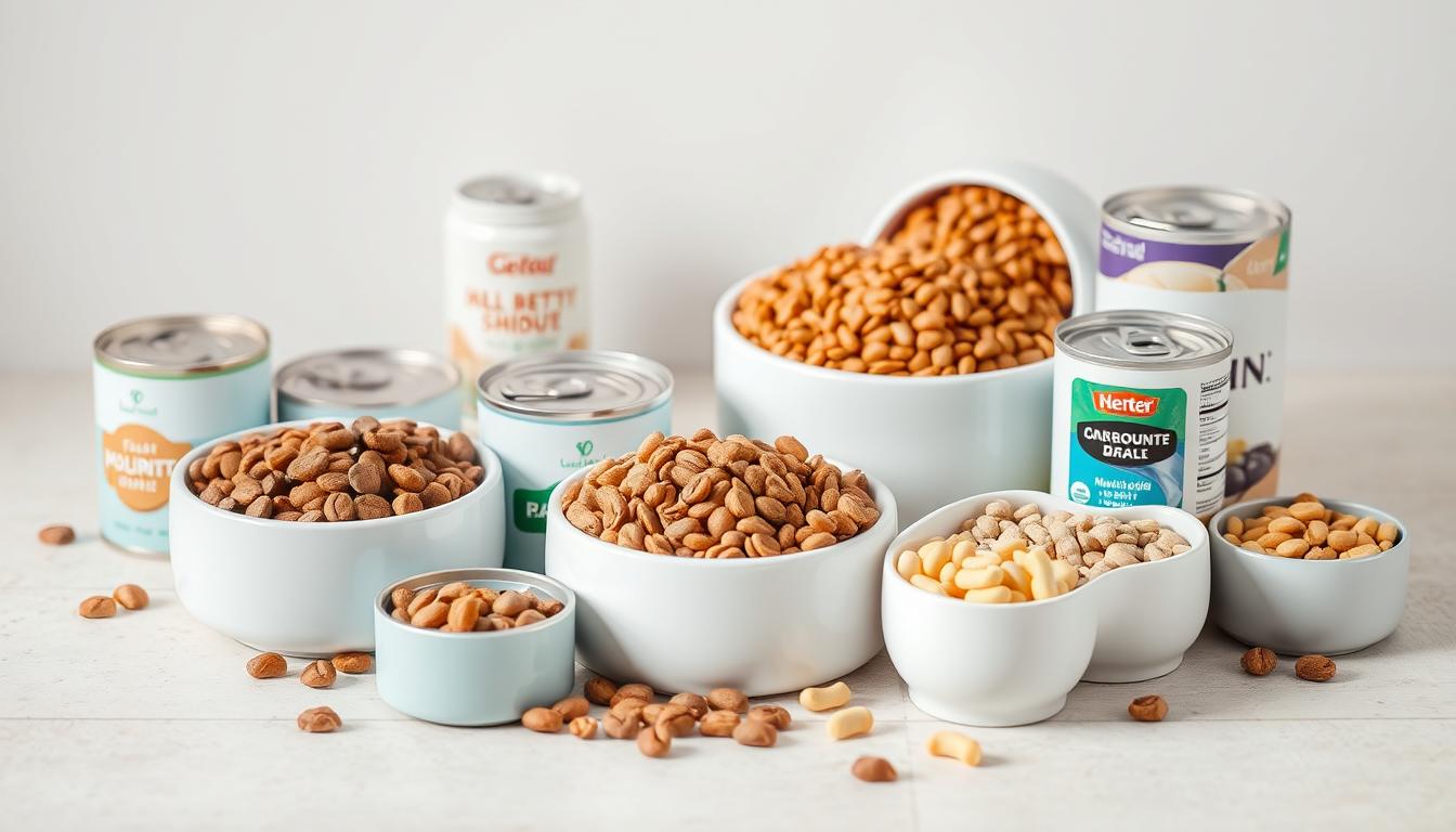 A well-lit, close-up image of a variety of pet food bowls, kibble, and cans, arranged on a clean, neutral background. The bowls are filled with different types of healthy, nutritious pet food, including high-quality dry kibble, wet cans, and specialized supplements. The lighting is soft and natural, highlighting the textures and colors of the pet food products. The overall composition is balanced and visually appealing, conveying a sense of care and attention to the nutritional needs of low-activity pets.
