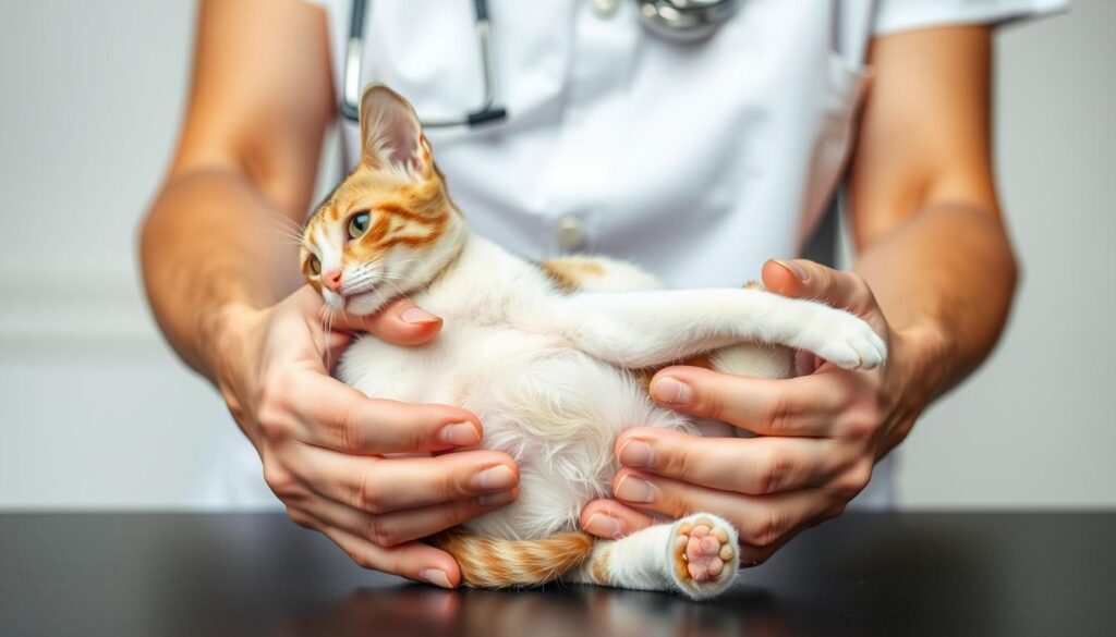 A well-lit, close-up shot of a person's hands gently holding and examining a domestic cat or dog. The pet's body is clearly visible, allowing for a detailed visual assessment of its weight and physical condition. The background is a clean, minimalist setting, such as a simple table or countertop, to keep the focus on the pet and the weight evaluation process. The lighting is soft and natural, creating a calm, educational atmosphere. The overall composition and angle convey a sense of care, expertise, and the importance of properly monitoring an apartment pet's weight to ensure its health and wellbeing.
