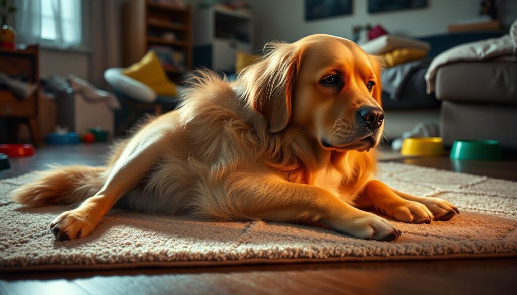 An overweight golden retriever lying lazily on a soft rug, its belly drooping over its paws. The room is dimly lit, casting a warm glow on the dog's fur. In the background, a cluttered apartment with toys and food bowls scattered around, hinting at the owner's neglect. The scene conveys a sense of sadness and concern for the pet's health, the excess weight a visual representation of the growing problem of pet obesity.