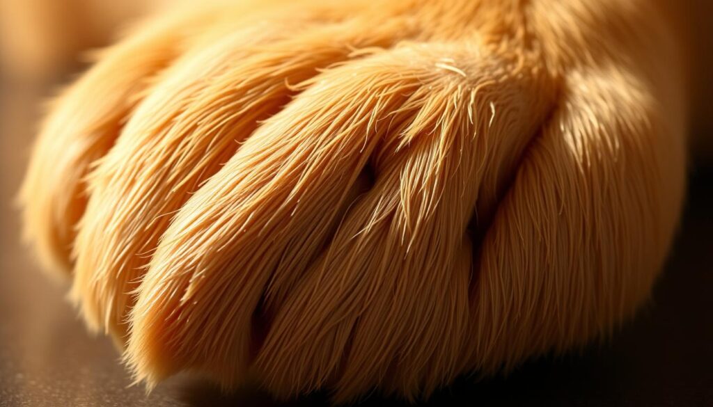 Closeup of a dog's paw pads, showcasing the intricate, textured patterns and soft, supple flesh. The pads are illuminated by warm, diffused lighting, casting gentle shadows that accentuate the three-dimensional contours. The image is captured at a medium-close angle, providing a detailed, almost tactile view of the paw's structure, including the protective calluses and delicate creases. The background is blurred, maintaining the focus on the captivating details of the paw. The overall atmosphere conveys a sense of curiosity and appreciation for the unique design and function of this essential part of a dog's anatomy.