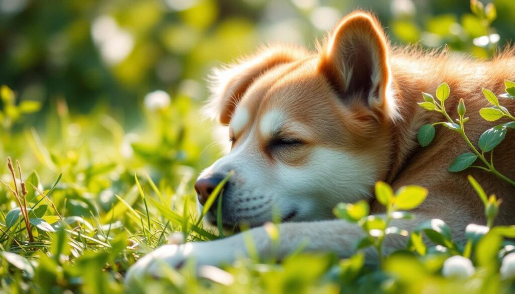 Generate an image of a calm pet in a serene environment.