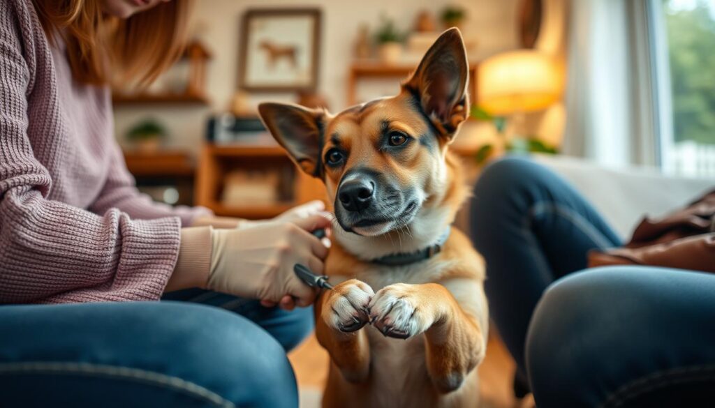 Image of a dog having its nails trimmed at home