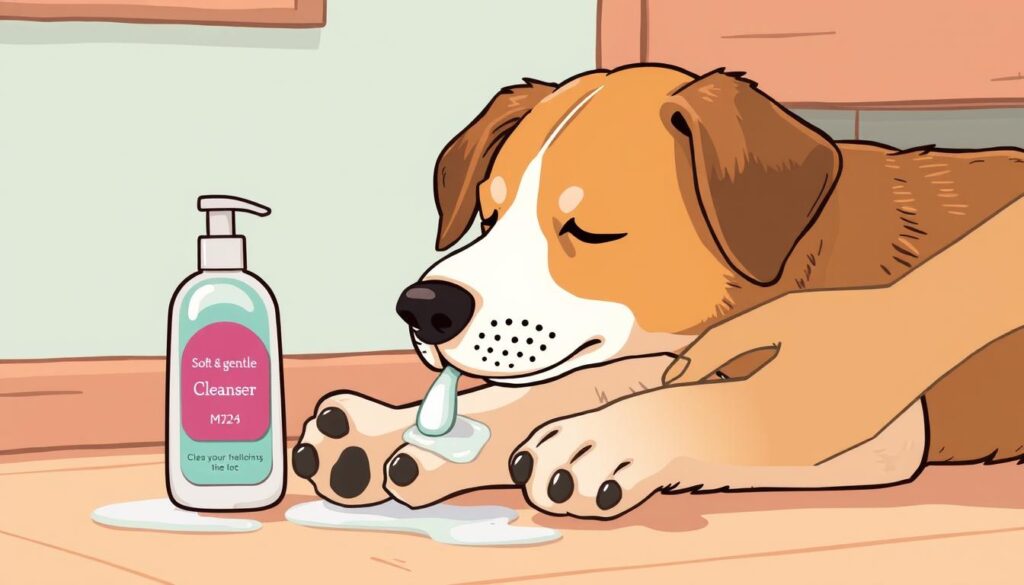 Image of a dog having its paws cleaned with a gentle cleanser