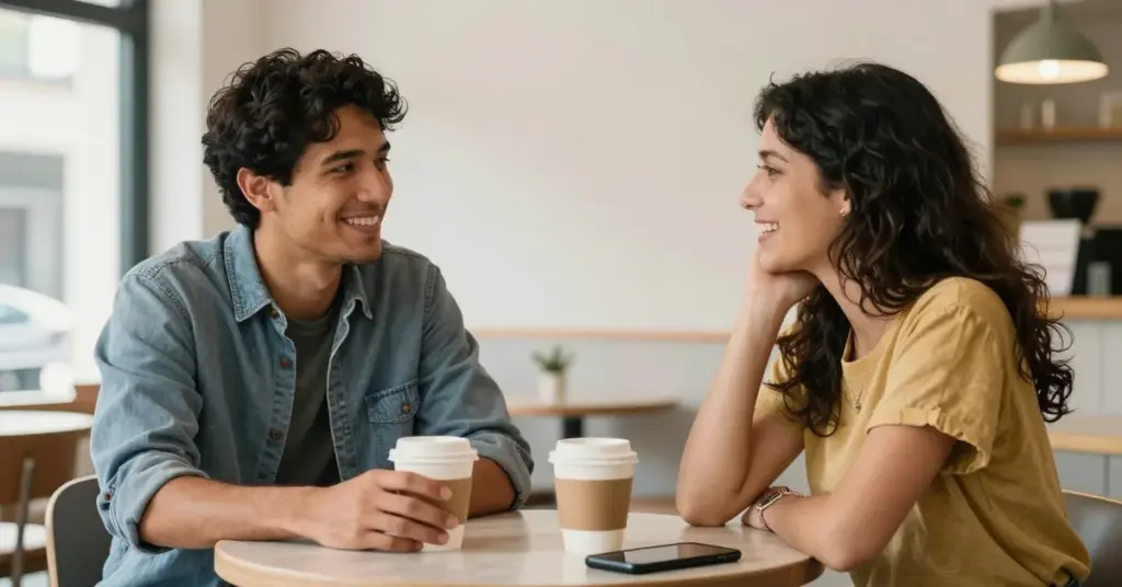 Pareja adulta sonriendo en una cafetería mientras conversa