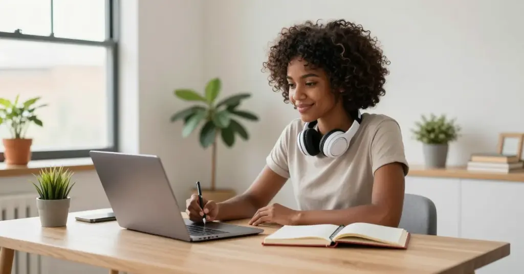 Young South African woman taking an online course on a laptop
