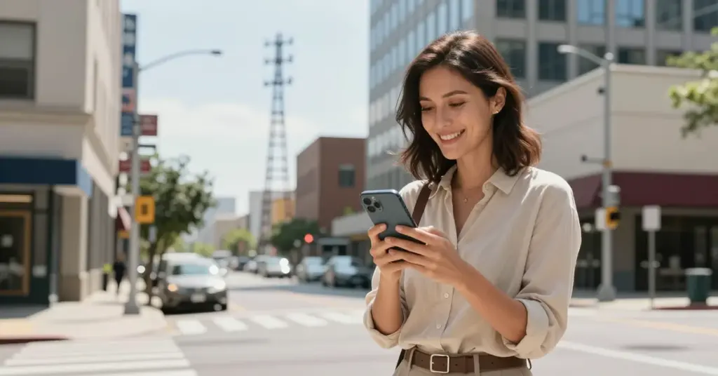 Woman checking the mobile signal on her smartphone outdoors