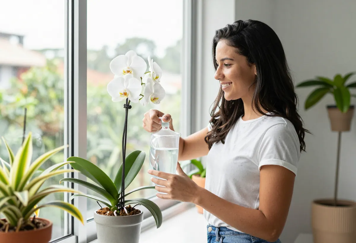 Mulher regando uma orquídea branca na janela do apartamento