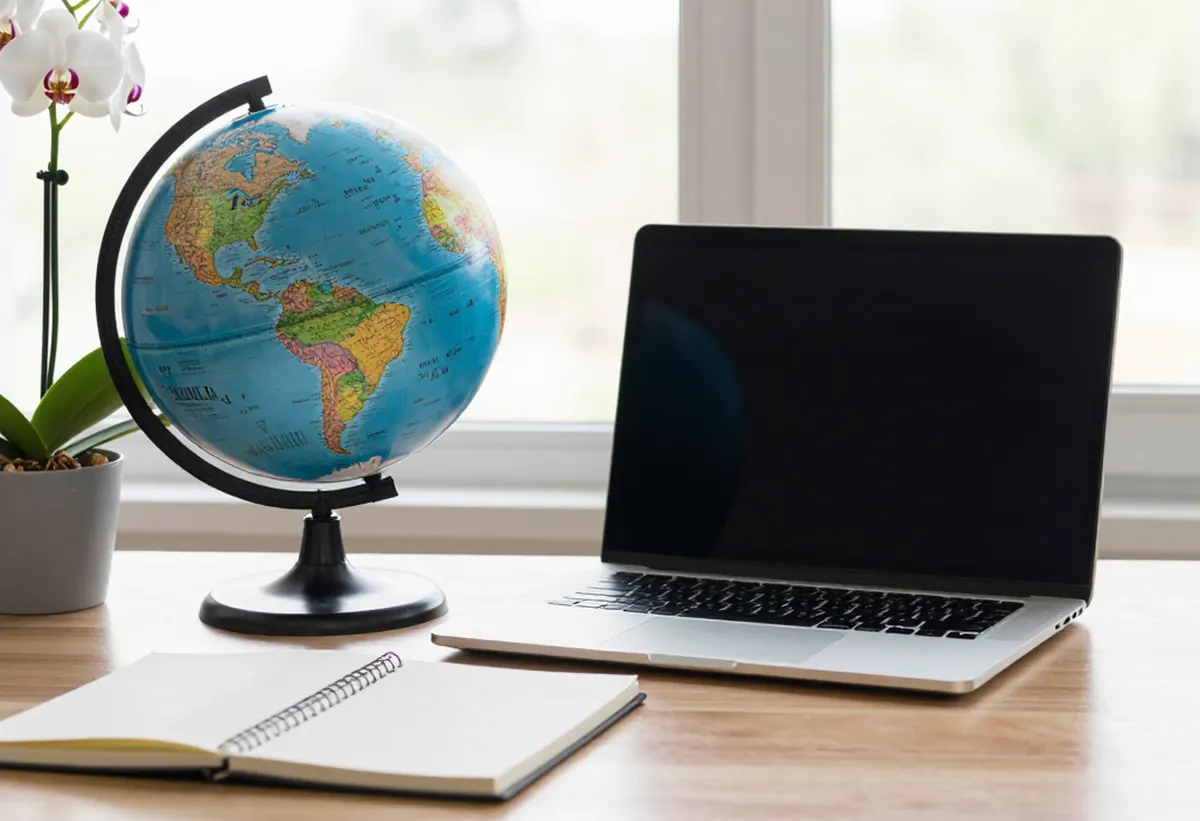 Globo terrestre ao lado de um notebook e de uma orquídea
