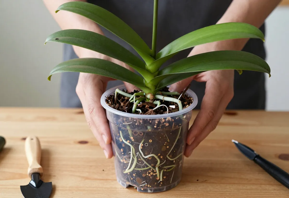 Mãos replantando uma orquídea em vaso transparente com casca de pinus