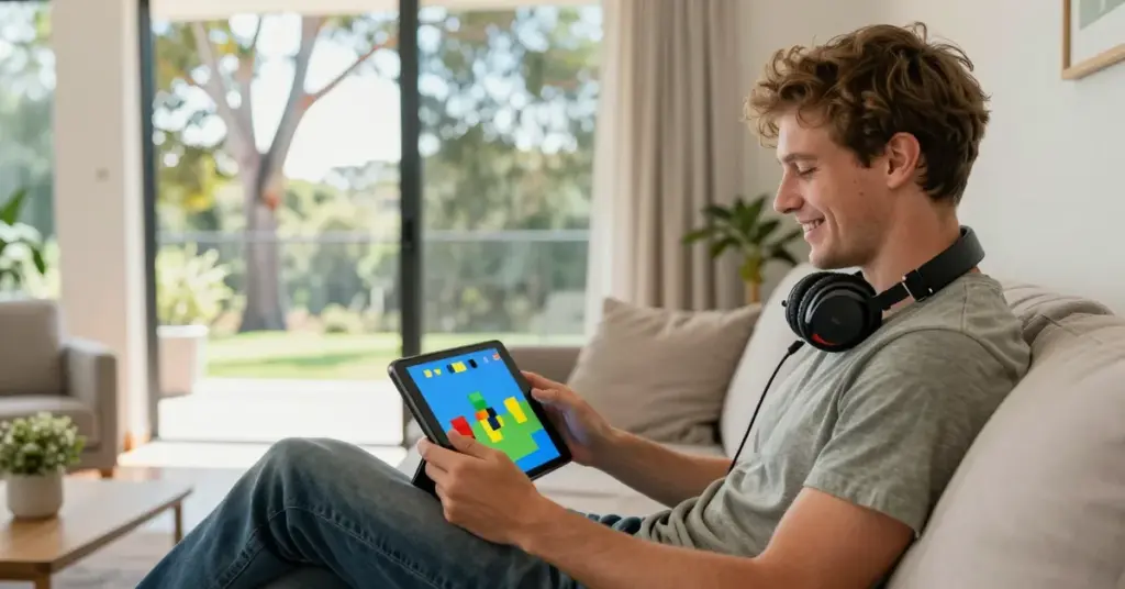 Young man playing a colourful online game on a tablet
