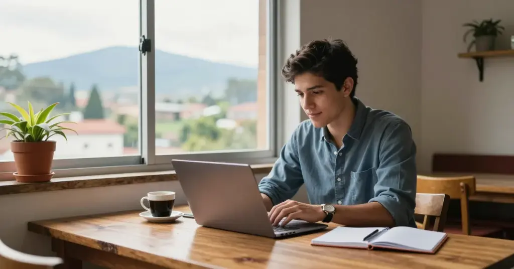Joven estudiando un curso virtual en su portátil