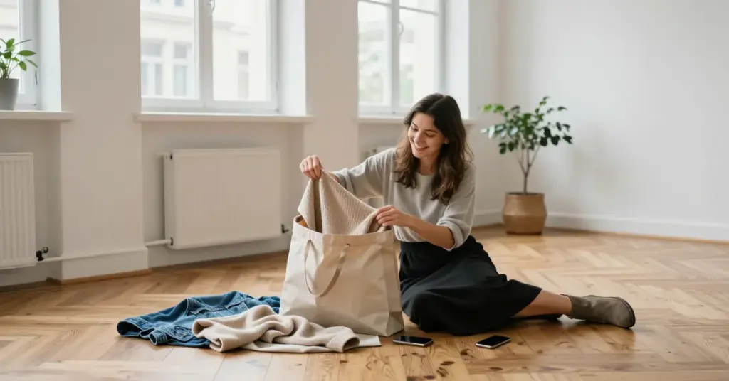Junge Frau packt eine Online-Modebestellung aus