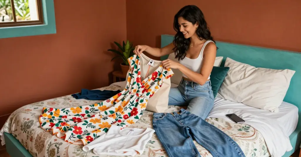 Joven abriendo un paquete de ropa comprada en línea