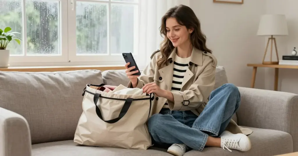 Jonge vrouw pakt een online kledingbestelling uit