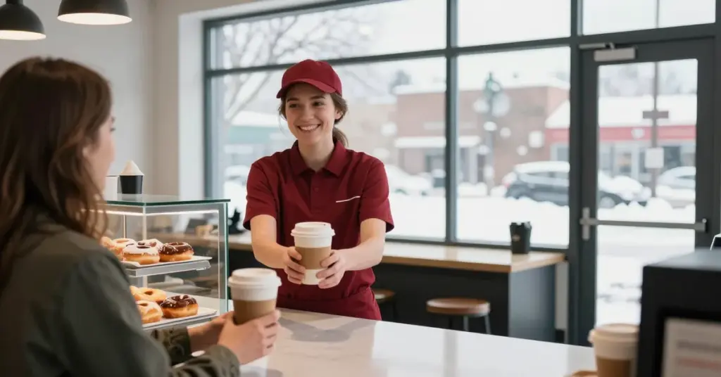 Smiling café worker serving coffee to a customer